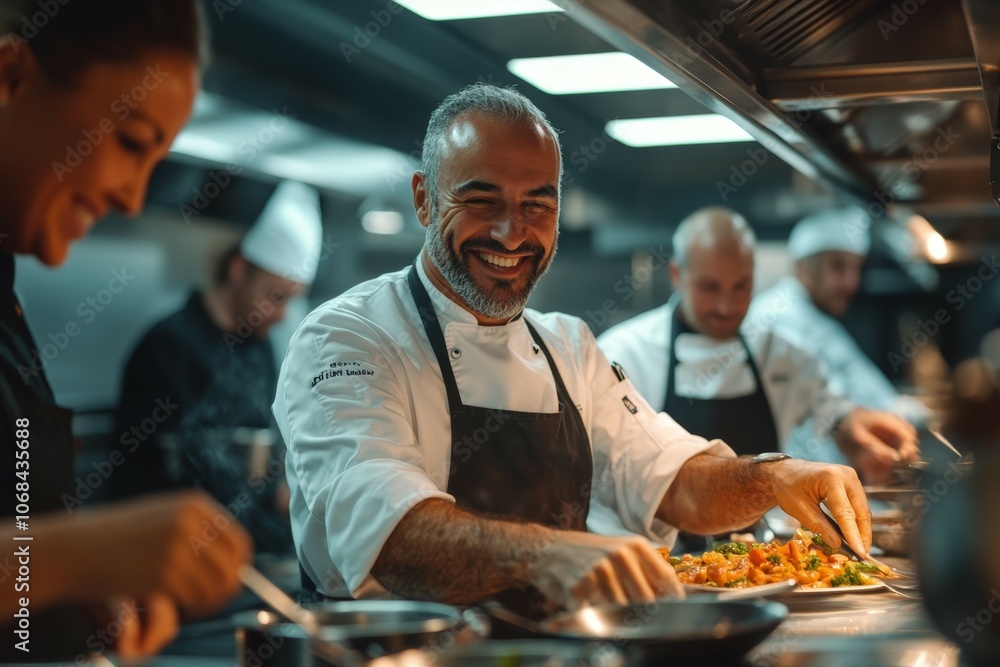 Joy in the Kitchen: Chefs Collaborating to Create Culinary Masterpieces in a Bustling, Modern Restaurant Setting Joy in the Kitchen: Chefs Collaborating to Create Culinary Masterpieces in a Bustling, Modern Restaurant Setting