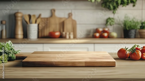 Wooden cutting board mockup set in a kitchen scene, complemented by fresh vegetables, ideal for culinary displays with ample photo style copy space.