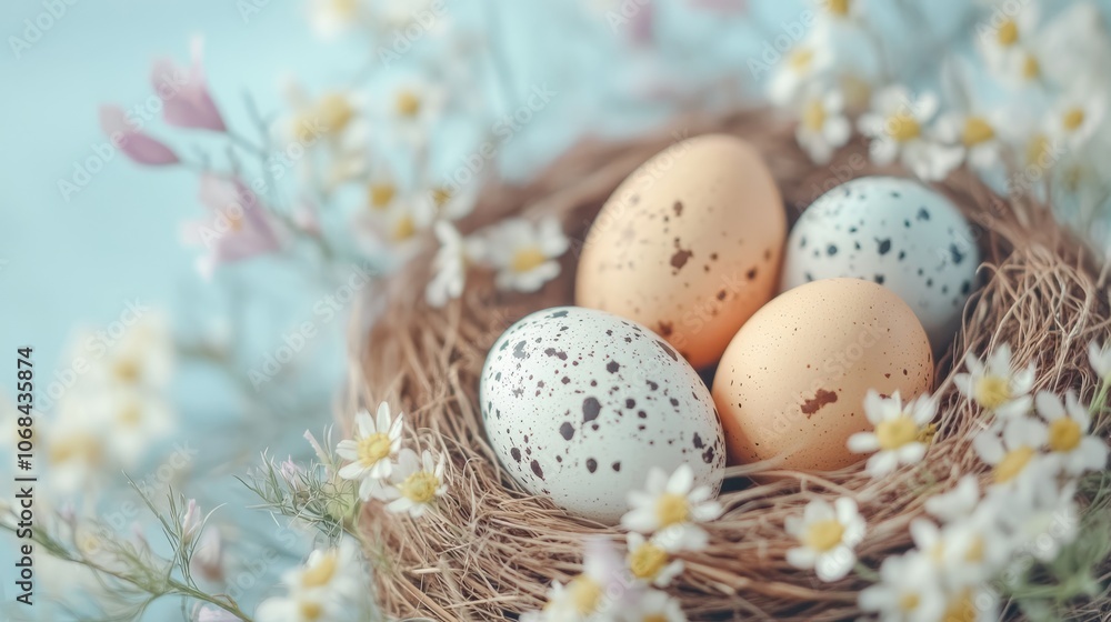 Colorful Easter eggs in a nest surrounded by delicate flowers on a spring morning Colorful Easter eggs in a nest surrounded by delicate flowers on a spring morning