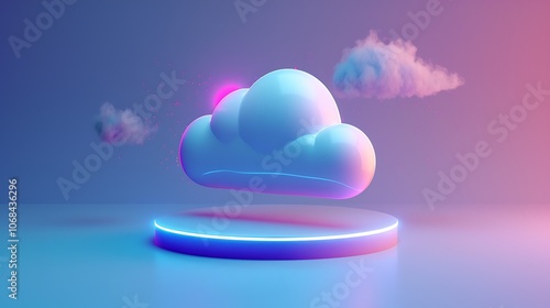 3D rendering illustration of a glowing cloud on a pedestal against a blue background.