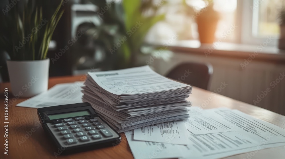 Obraz premium Desk With Stack of Rent Receipts and Calculator for Business Expense Stability