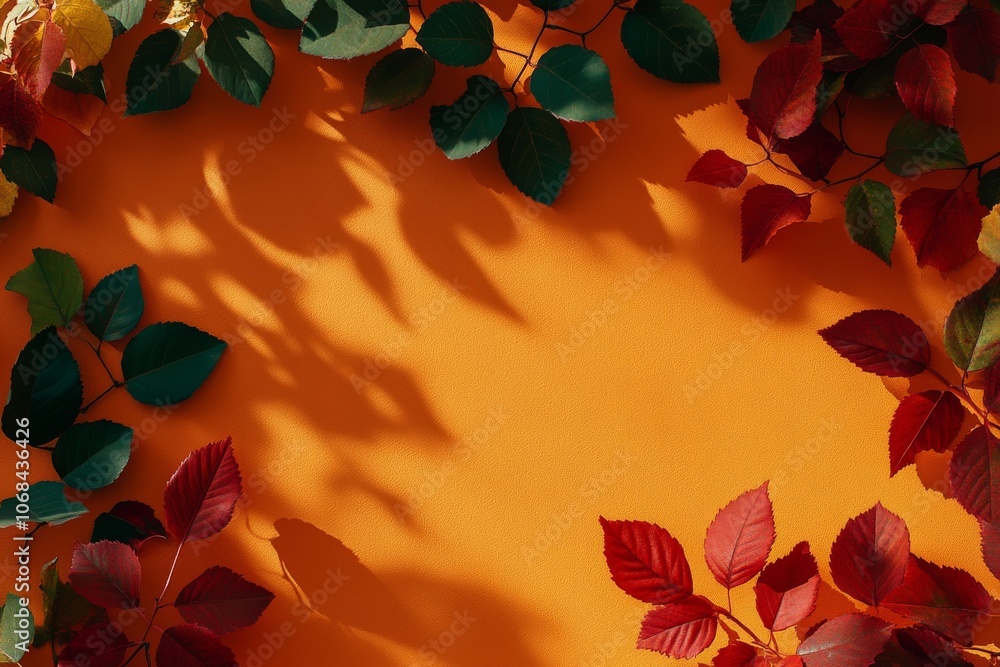 A vibrant autumn background with red, green, and yellow leaves in various sizes on an orange surface. A vibrant autumn background with red, green, and yellow leaves in various sizes on an orange surface.