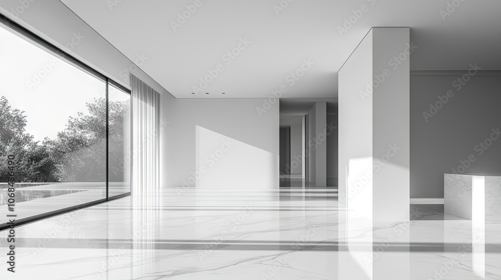Fototapeta premium Bright, empty white room highlighted by large windows, minimalist interiors, and a sleek marble floor. This contemporary interior composition emphasizes natural light in a house photo concept.