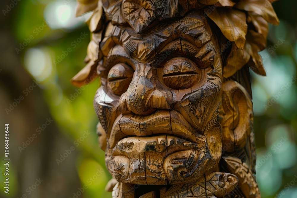 Close up of a weathered wooden sculpture showcasing intricate carvings and a somber facial expression Close up of a weathered wooden sculpture showcasing intricate carvings and a somber facial expression
