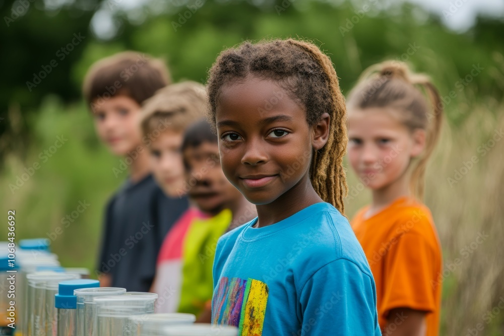 Empowering Young Minds: A Group of Diverse Children Engaged in a Fun Outdoor Science Activity, Showcasing Curiosity and Collaboration Amidst Nature Empowering Young Minds: A Group of Diverse Children Engaged in a Fun Outdoor Science Activity, Showcasing Curiosity and Collaboration Amidst Nature