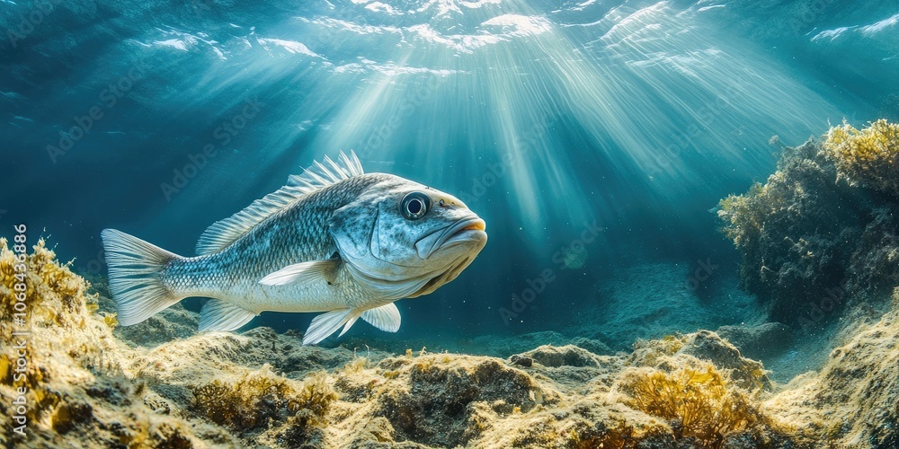 Obraz premium Underwater photograph featuring sea bass, a type of marine fish, observed in the Mediterranean seabed, highlighting the beauty of this underwater environment.