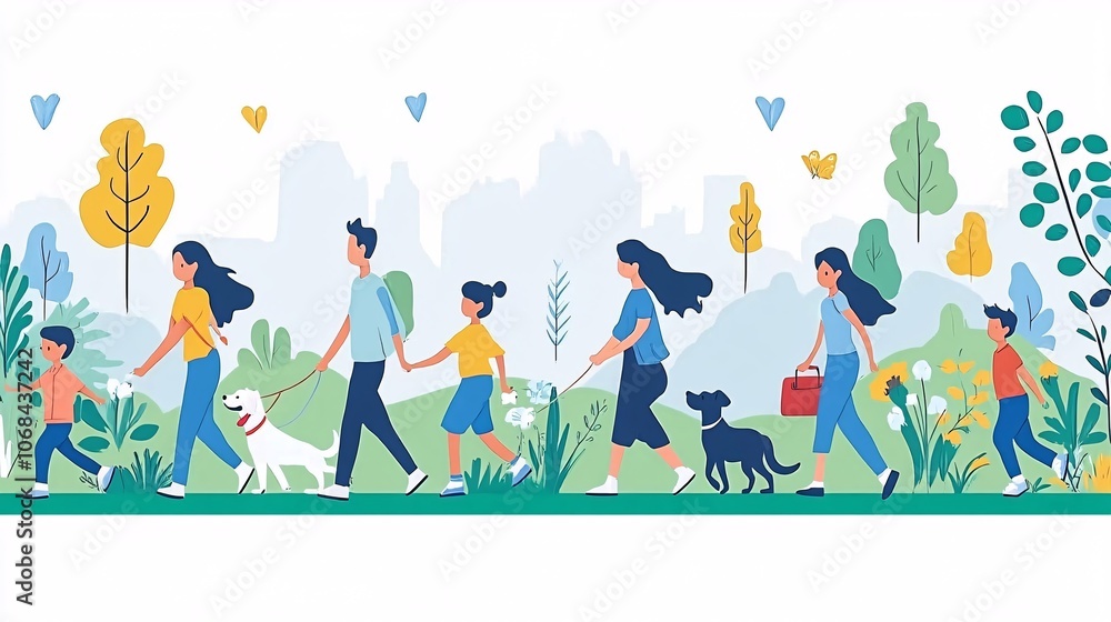 Family members taking a walk with their dog on a nature trail capturing a sense of outdoor fun and togetherness with side empty space for text, Stockphoto style Family members taking a walk with their dog on a nature trail capturing a sense of outdoor fun and togetherness with side empty space for text, Stockphoto style