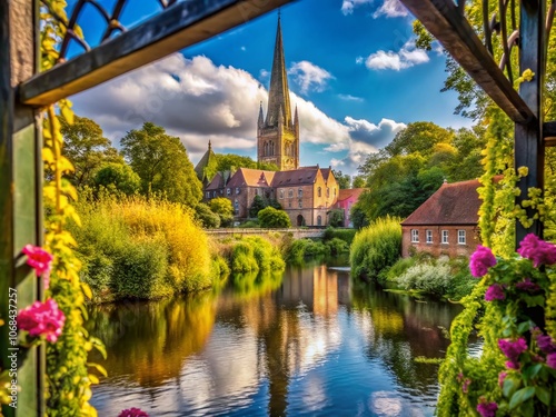 Stunning Macro Photography of Norwich Cathedral Viewed Through the Lens of Jarrold Bridge, Capturing Architectural Details and Natural Surroundings in Vibrant Colors photo