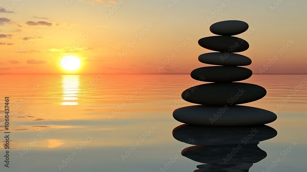 A tall stack of smooth stones, balanced against each other with a beautiful sunset over the ocean in the background, creating a sense of balance and calm A tall stack of smooth stones, balanced against each other with a beautiful sunset over the ocean in the background, creating a sense of balance and calm