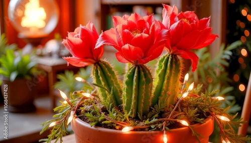 Red schlumberger flowers with fairy lights in a cozy indoor setting photo