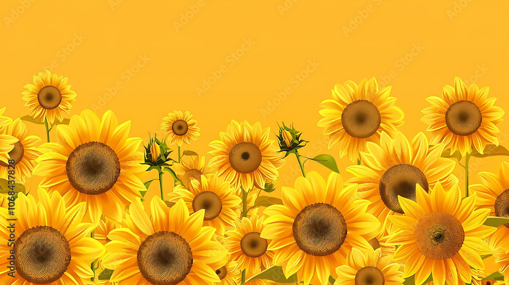Fototapeta premium A seamless pattern of sunflowers on a yellow background. The sunflowers are in different stages of bloom, from buds to full-blown flowers.
