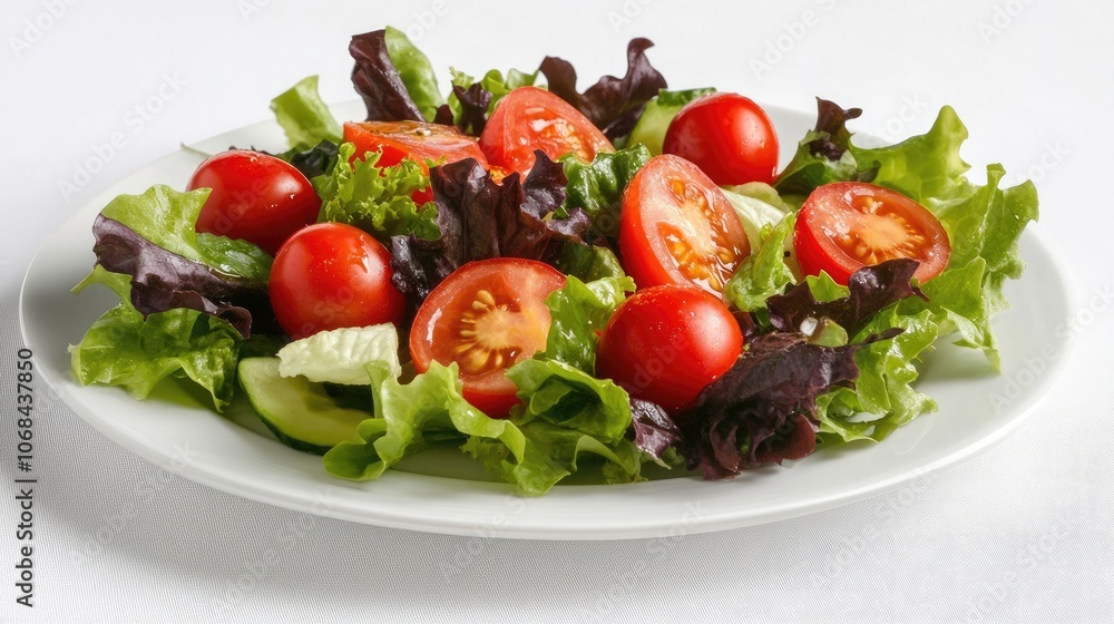 A fresh salad with vibrant tomatoes arranged on a white plate offers a delicious visual appeal, perfect for culinary presentations and capturing enticing food imagery. A fresh salad with vibrant tomatoes arranged on a white plate offers a delicious visual appeal, perfect for culinary presentations and capturing enticing food imagery.