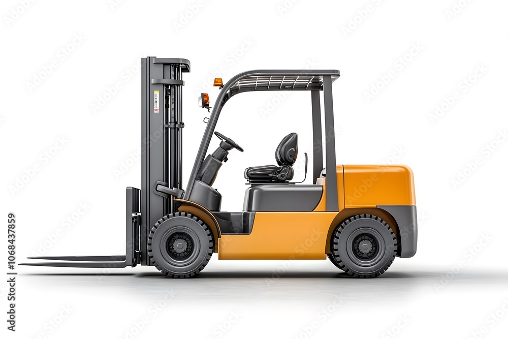Side View of Raised Forklift with Orange Body Side View of Raised Forklift with Orange Body