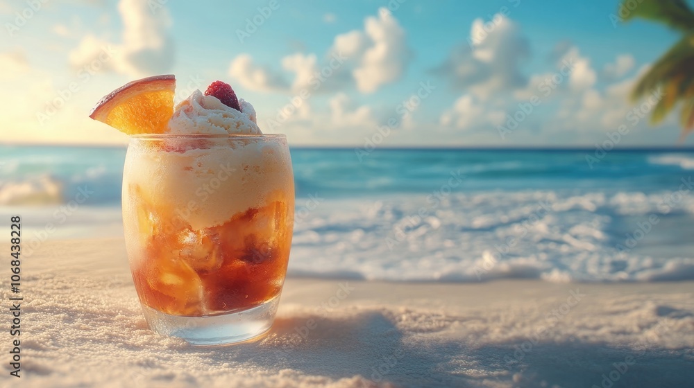 Delightful Caribbean beach scene with a fruit ice cream cocktail blended with rum, perfect for capturing the essence of tropical paradise. Ideal for summer-themed visuals and relaxing vibes. Delightful Caribbean beach scene with a fruit ice cream cocktail blended with rum, perfect for capturing the essence of tropical paradise. Ideal for summer-themed visuals and relaxing vibes.