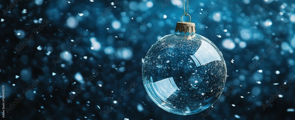 A clear glass Christmas ornament hanging on a snowy branch with twinkling lights in a winter wonderland setting, capturing holiday spirit and festive ambiance.