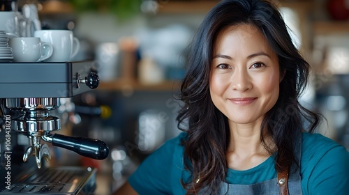 Close up view of a cheerful Asian barista s face reflected in a commercial coffee machine as she pours a freshly brewed beverage showcasing her professional skills and the cafe s hospitality photo