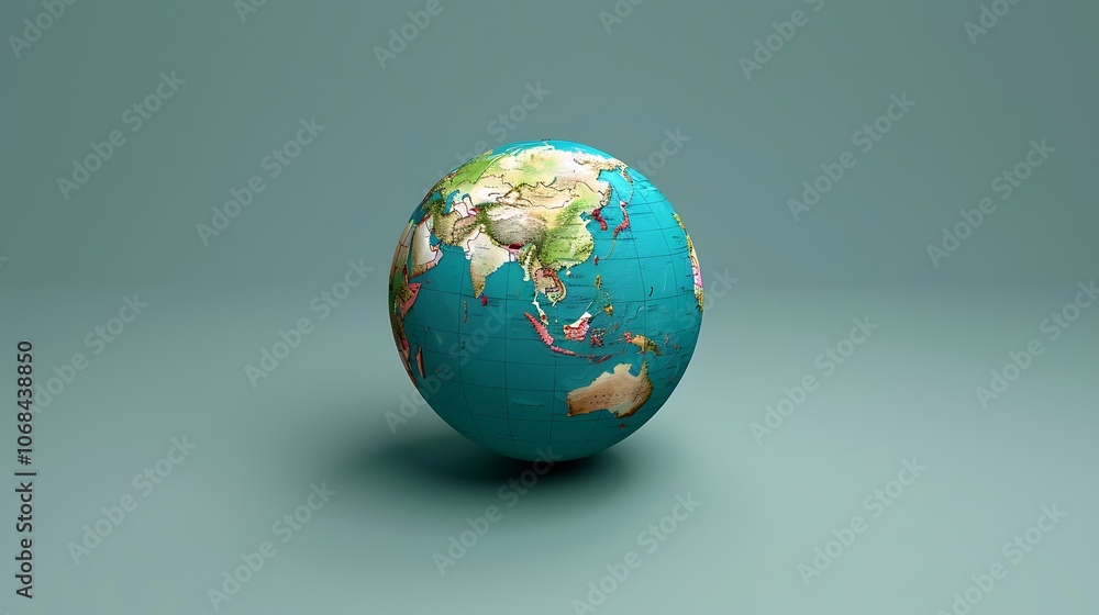 The image is a three-dimensional globe. It is blue and green, with a detailed map of the world. The image is a three-dimensional globe. It is blue and green, with a detailed map of the world.