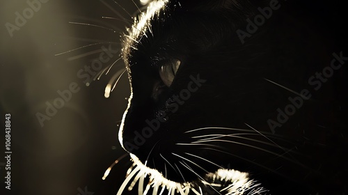 A beautiful black cat sits in a dimly lit room, its fur sleek and glÃ¤nzend in the soft light. photo