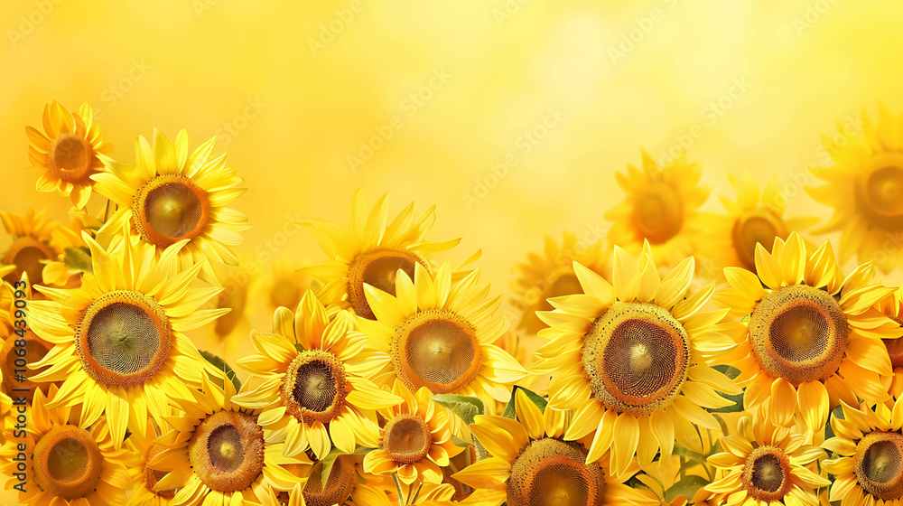 Naklejka premium A field of sunflowers in full bloom. The sunflowers are a bright, sunny yellow color and they are all facing in the same direction.