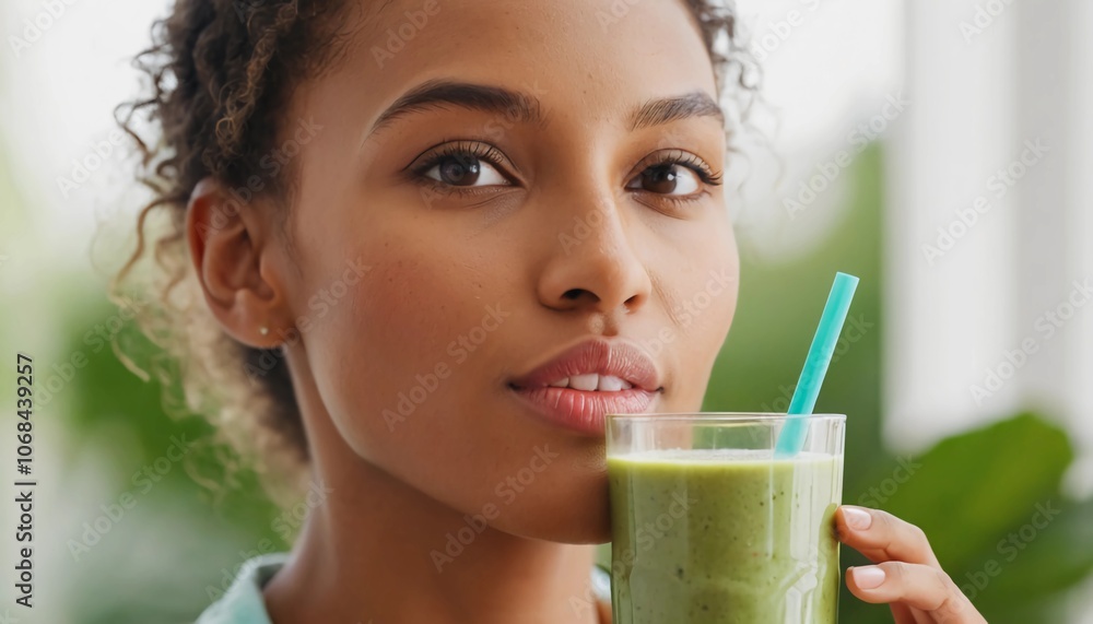 A close-up of the woman holding a smoothie up to her lips