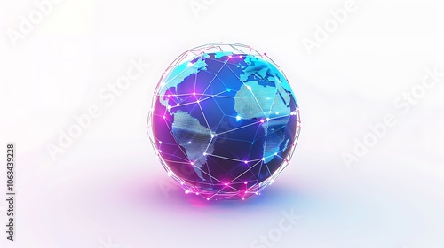 3D rendering of a glowing blue and purple globe with a network of connections.