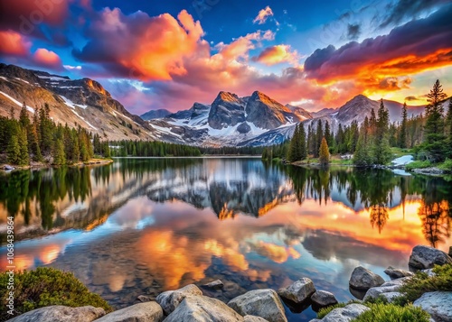 Stunning Reflection of Libby Lake at Sunrise Surrounded by Snowy Range Mountains in Wyoming - A Serene Winter Landscape Capturing Nature's Beauty and Tranquility photo