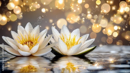 Luminous Lilies Floating on Water with Sparkling Bokeh