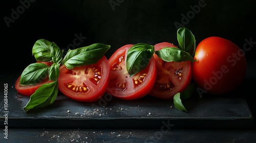 Fresh sliced tomatoes with basil on slate board against dark background