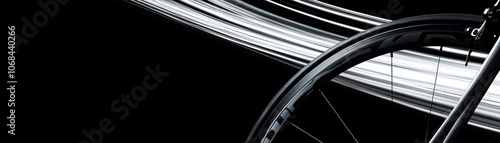 bicycle wheel with motion blur, showcasing dynamic diagonal lines. sleek design emphasizes speed and movement against dark background