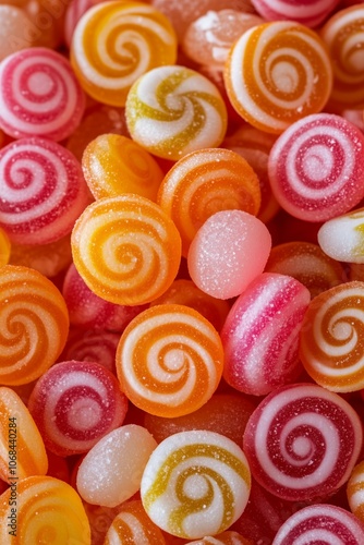 Vibrant spiral candy swirls with sugar coating in assorted colors