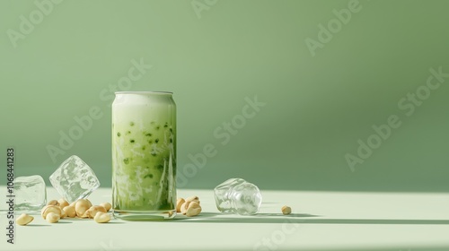 Refreshing matcha bubble tea with ice cubes and green background