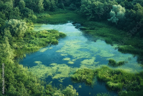 Lush Green Oasis: Aerial View of a Serene Wetland Surrounded by Verdant Forest, Capturing the Tranquility of Nature's Landscape