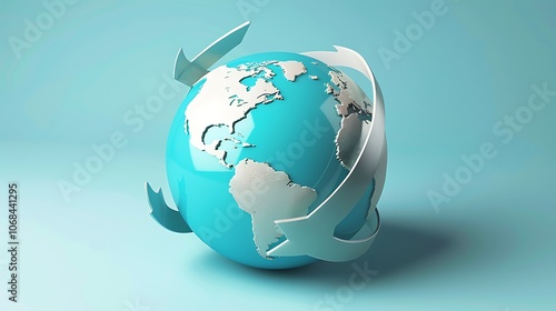 3D rendering of a blue and white globe with white arrows circling it on a blue background.
