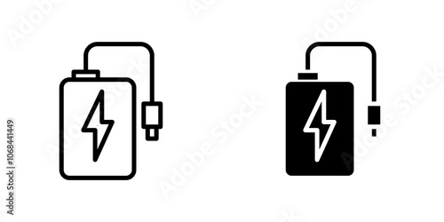 Power bank icon set. outlined and solid filled versions.