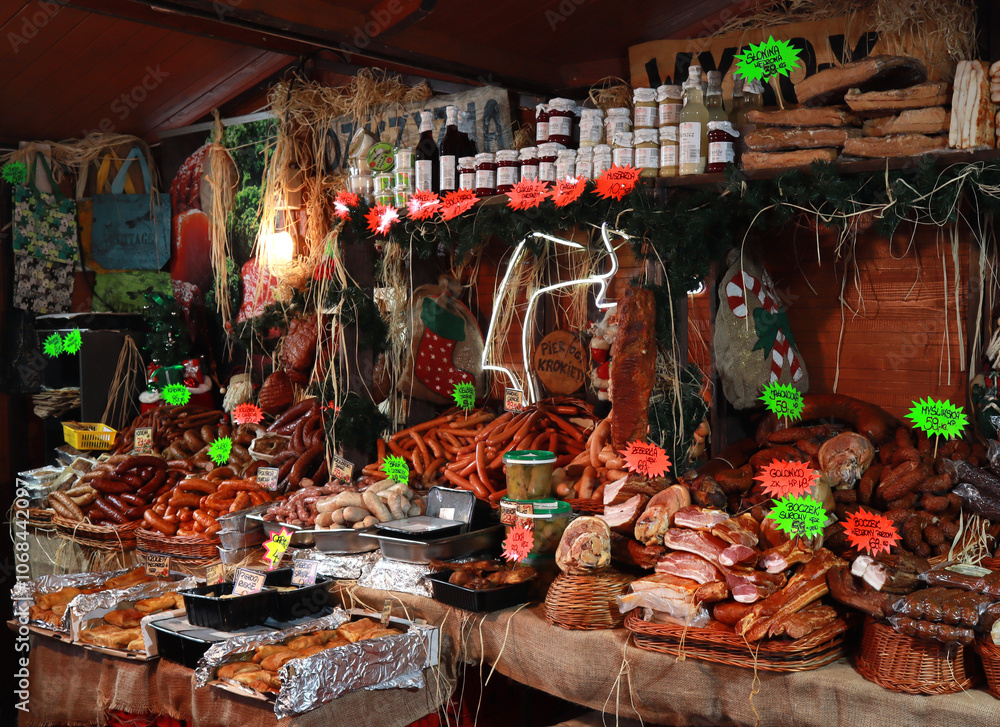Meat, sausages on Christmas fair in the streets of Katowice, Poland