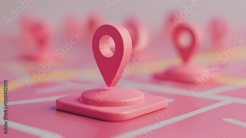 A pink 3D rendering of a location pin on a pink background. The pin is in the foreground and is in focus, while the background is blurred.