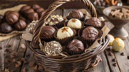 A close-up image of a wicker basket filled with an assortment of delicious chocolates. photo