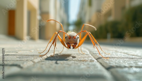 Close-up of an ant on pavement, intricate details of the tiny world, emphasizing strength and perseverance in a minute and bustling ecosystem. photo