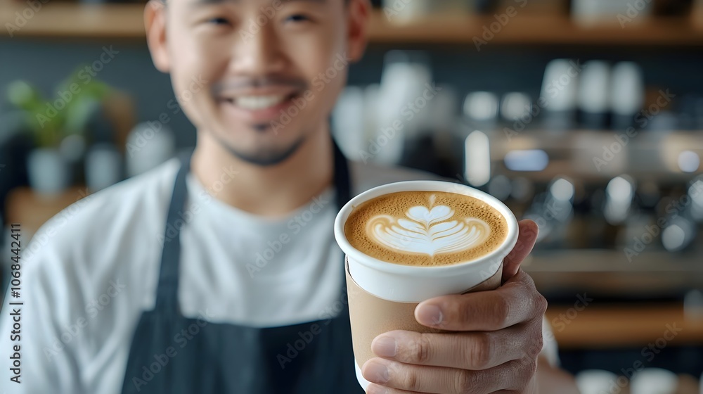 Friendly Interaction Between an Asian Barista and Customer at a Trendy Coffee Counter Friendly Interaction Between an Asian Barista and Customer at a Trendy Coffee Counter