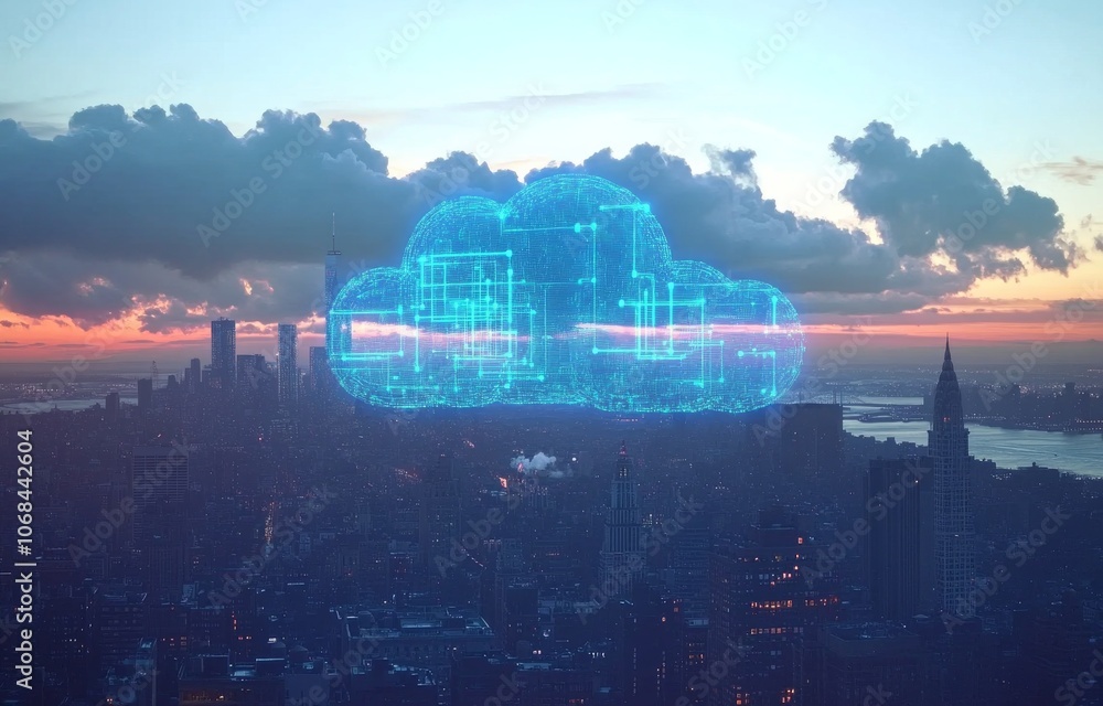 A futuristic cityscape with clouds of data flowing across digital connections A futuristic cityscape with clouds of data flowing across digital connections