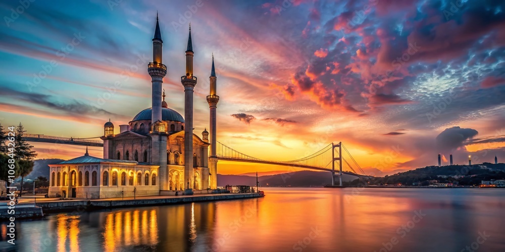 Naklejka premium Stunning View of Ortakoy Mosque and Bosphorus Bridge at Sunset in Istanbul, Turkey, Capturing the Elegant Architecture and Serene Waters in a Beautiful Cityscape Scene