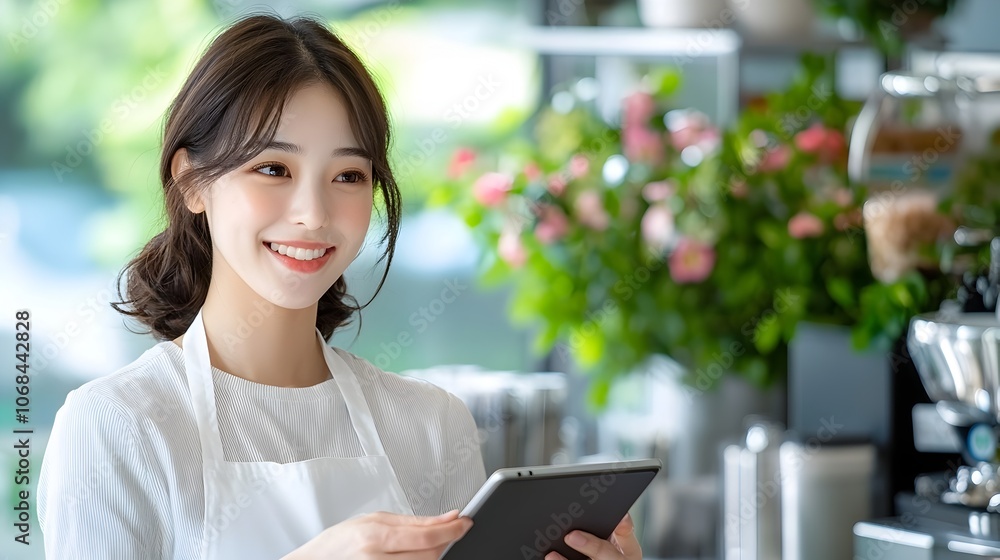 Asian female customer using her smartphone to make a mobile payment via QR code at the counter of a modern coffee shop or cafe Asian female customer using her smartphone to make a mobile payment via QR code at the counter of a modern coffee shop or cafe
