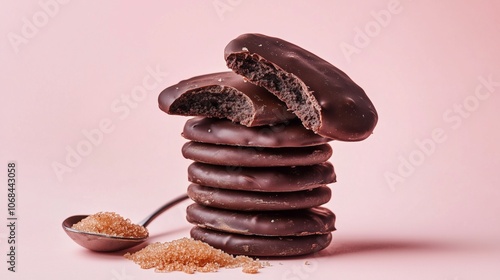 Stack of chocolate cookies with brown sugar on pink background