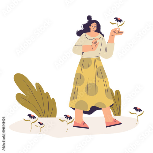 Woman Studying Plant Exploring Nature Vector Illustration