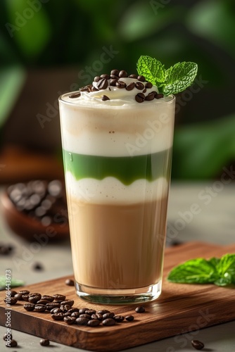 Refreshing iced coffee with whipped cream and mint garnish in a glass