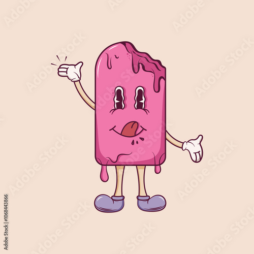 Ice cream mascot personage. Popsicle in retro groovy style. Cheerful summer delicacy. Poster, flyer, party, logo concept. Vector illustration.