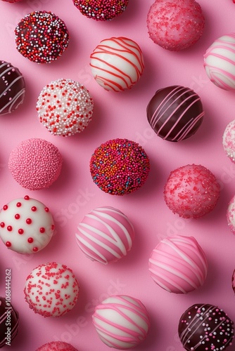 Variety of colorful gourmet cake pops on pink background