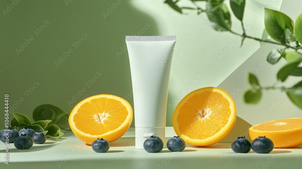 Refreshing skincare tube surrounded by citrus and blueberries on green background Refreshing skincare tube surrounded by citrus and blueberries on green background