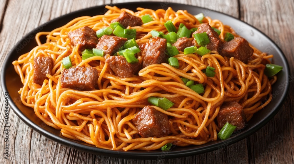 Delicious Chinese Stir Fried Noodles on Platter Delicious Chinese Stir Fried Noodles on Platter