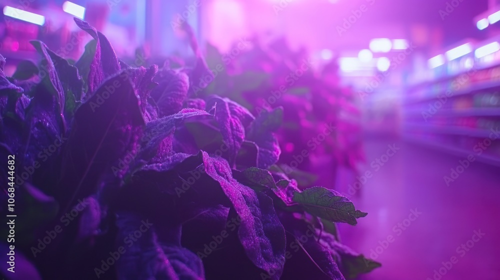 Fototapeta premium Close-up of vibrant green plants under purple lighting in a market setting.